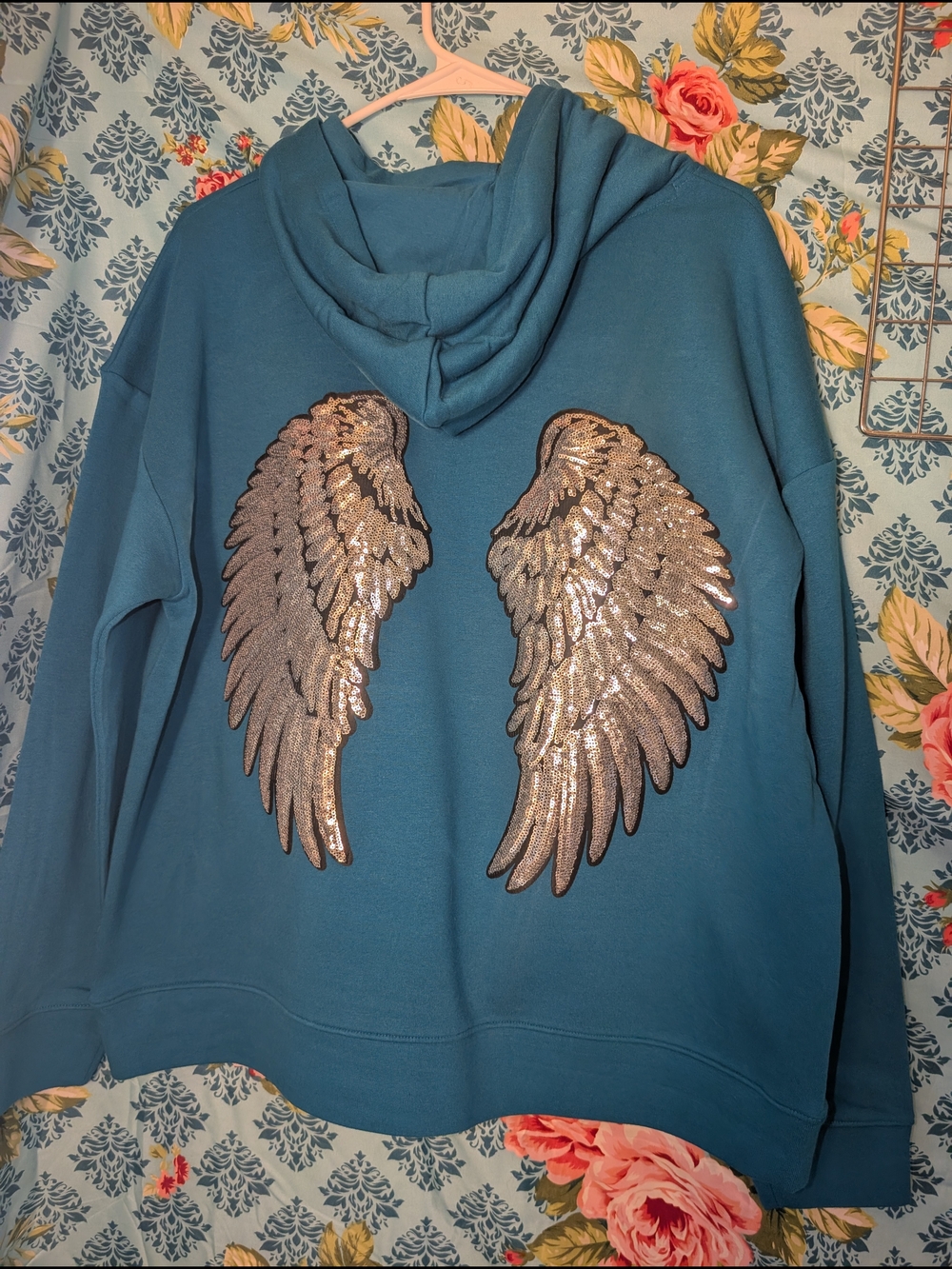 Teal Hoodie with Sequin Angel Wings